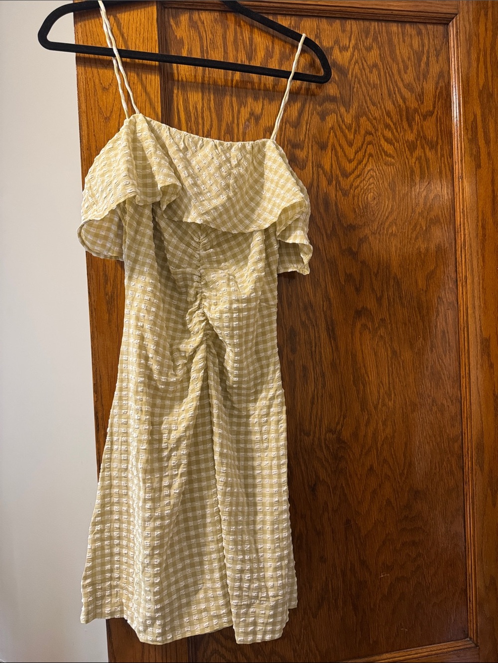 Ganni Yellow Gingham Ruffle Spaghetti-strap Mini Dress